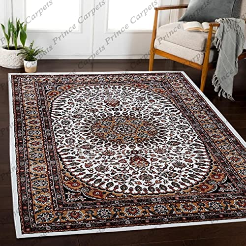 Prince Carpets Kashmiri Supersoft Wool Blend Persian Carpet for Living Room Bedroom Dining Room Hall with 15mm Thickness Non Slip Washable Carpet White Color 9 x 12 feet