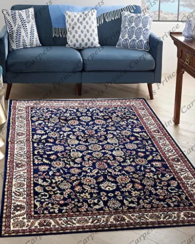Prince Carpets Kashmiri Supersoft Wool Blend Persian Carpet for Living Room Bedroom Dining Room Hall with 15mm Thickness Non Slip Washable Carpet Blue Color 3 x 5 feet