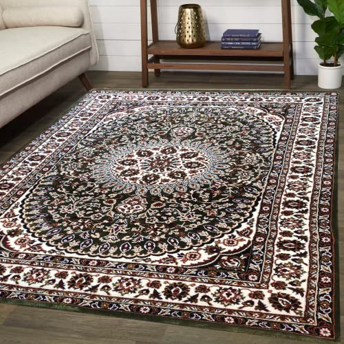 Prince Carpets Kashmiri Supersoft Wool Blend Persian Design Carpet for Living Room Bedroom Drawing Room Hall Anti Slip Backing Thick Washable Carpet Green Color 5 x 7 feet
