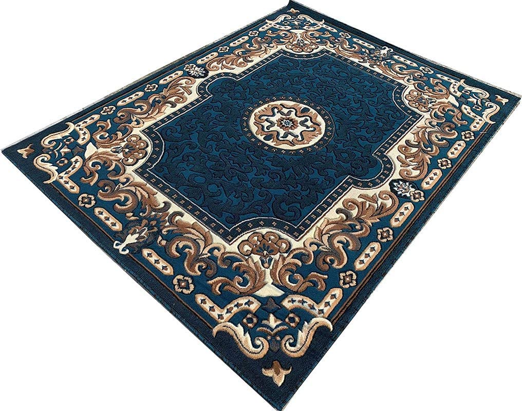 Prince Carpets Embossed Carved Wool Blend Floral Carpets for Living Room Home Bedroom Drawing Room Hall with 1 inch Thickness Blue Color 6 x 8 feet