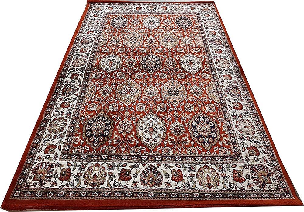 Prince Carpets Kashmiri Supersoft Wool Blend Persian Carpet for Living Room Bedroom Dining Room Hall with 15mm Thickness Non Slip Washable Carpet Rust Color 4 x 6 feet