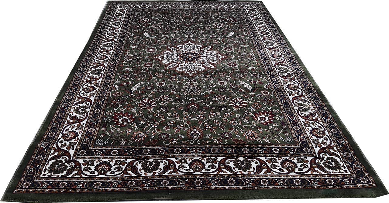 Prince Carpets Kashmiri Supersoft Wool Blend Persian Design Carpet for Living Room Bedroom Drawing Room Hall Anti Slip Backing Thick Washable Carpet Green Color 4 x 6 feet