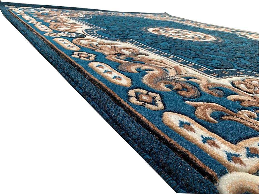 Prince Carpets Embossed Carved Wool Blend Floral Carpets for Living Room Home Bedroom Drawing Room Hall with 1 inch Thickness Blue Color 6 x 8 feet
