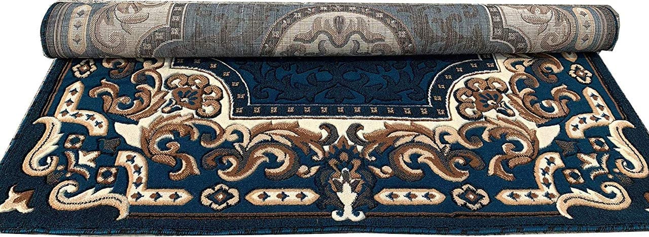 Prince Carpets Embossed Carved Wool Blend Floral Carpets for Living Room Home Bedroom Drawing Room Hall with 1 inch Thickness Blue Color 6 x 8 feet