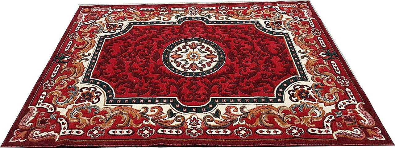 Prince Carpets Embossed Carved Supersoft Wool Blend Modern Design Carpets for Living Room Home Bedroom Drawing Room Hall with 1 inch Thickness Red Color 6 x 8 feet
