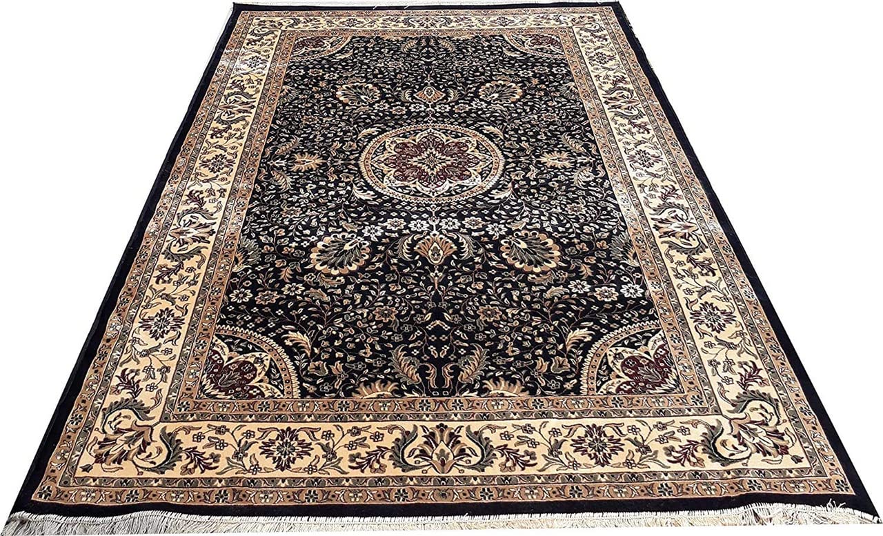 Prince Carpets Supersoft Kashmiri Silk Luxury Persian Design Anti Skid Backing Washable Carpets for Living Room Bedroom Drawing Room Hall Home Black Color 4 x 6 feet