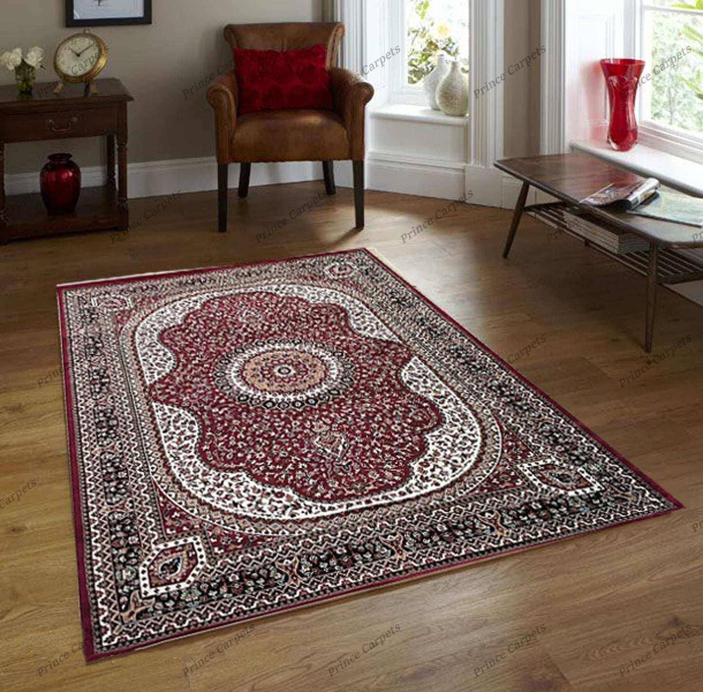 Prince Carpets Kashmiri Supersoft Wool Blend Persian Carpet for Living Room Bedroom Dining Room Hall with 15mm Thickness Non Slip Washable Carpet Maroon Color 4 x 6 feet