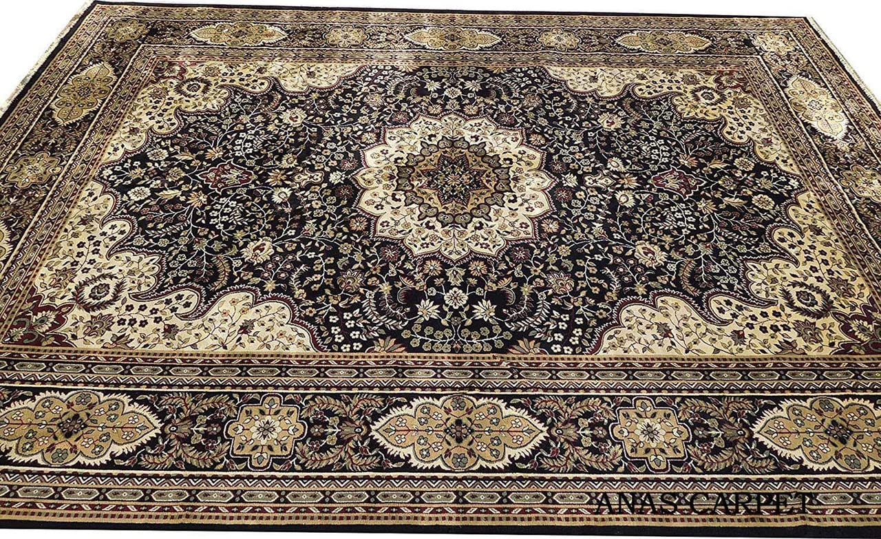 Prince Carpets Supersoft Kashmiri Silk Luxury Persian Design Anti Skid Backing Washable Carpets for Living Room Bedroom Drawing Room Hall Home Black Color 8 x 11 feet