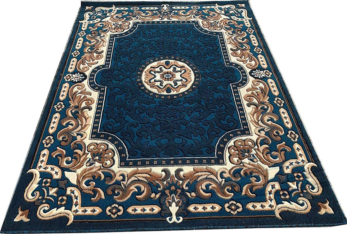 Prince Carpets Embossed Carved Wool Blend Floral Carpets for Living Room Home Bedroom Drawing Room Hall with 1 inch Thickness Blue Color 6 x 8 feet