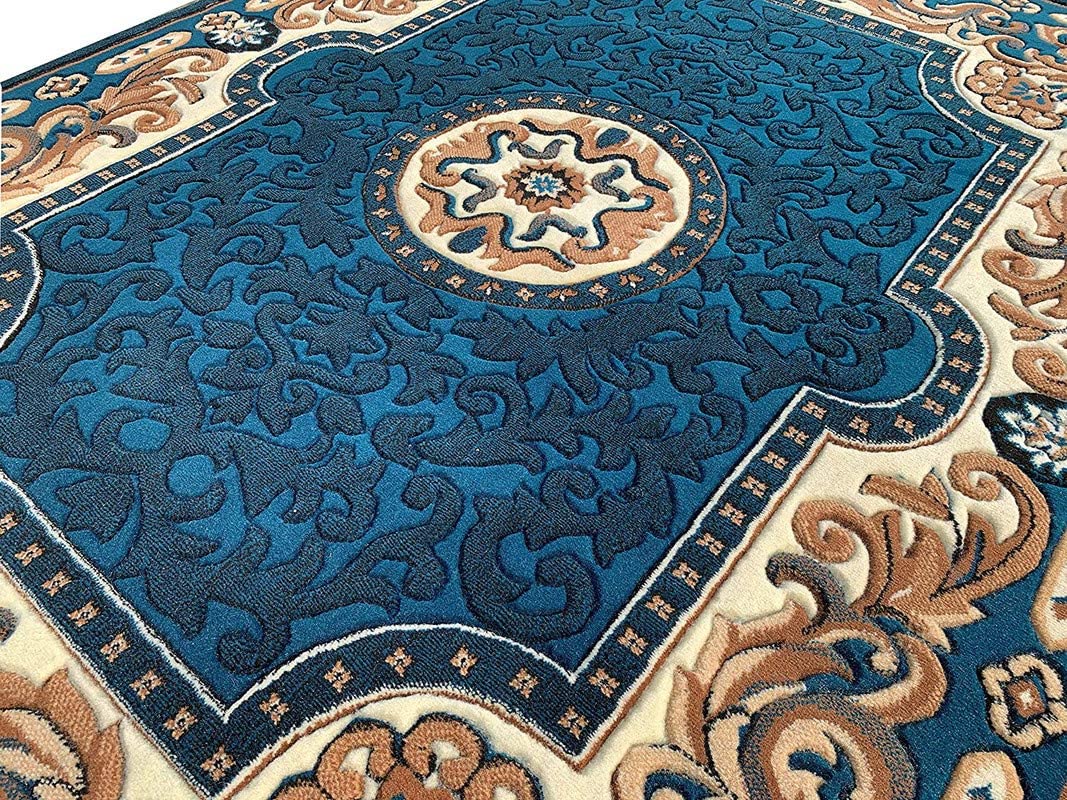 Prince Carpets Embossed Carved Wool Blend Floral Carpets for Living Room Home Bedroom Drawing Room Hall with 1 inch Thickness Blue Color 6 x 8 feet
