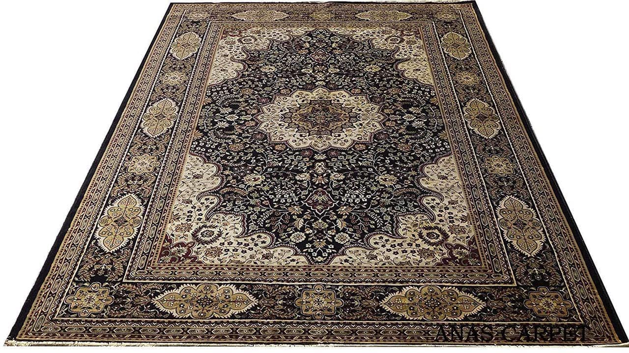 Prince Carpets Supersoft Kashmiri Silk Luxury Persian Design Anti Skid Backing Washable Carpets for Living Room Bedroom Drawing Room Hall Home Black Color 8 x 11 feet