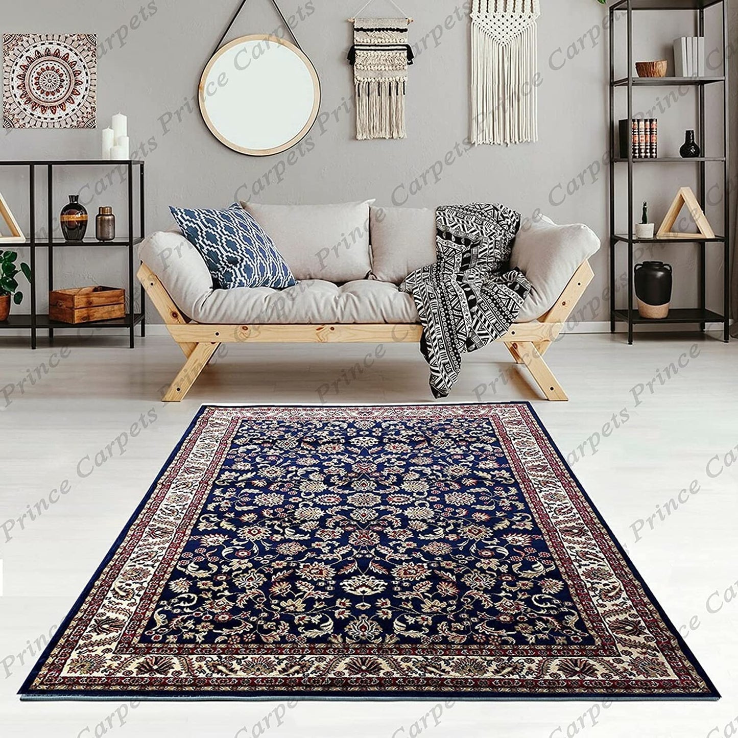 Prince Carpets Kashmiri Persian Design Supersoft Wool Blend Carpet for Living Room with 1 inch Thickness Anti Skid Backing Washable Carpet Blue Color 8 x 11 feet