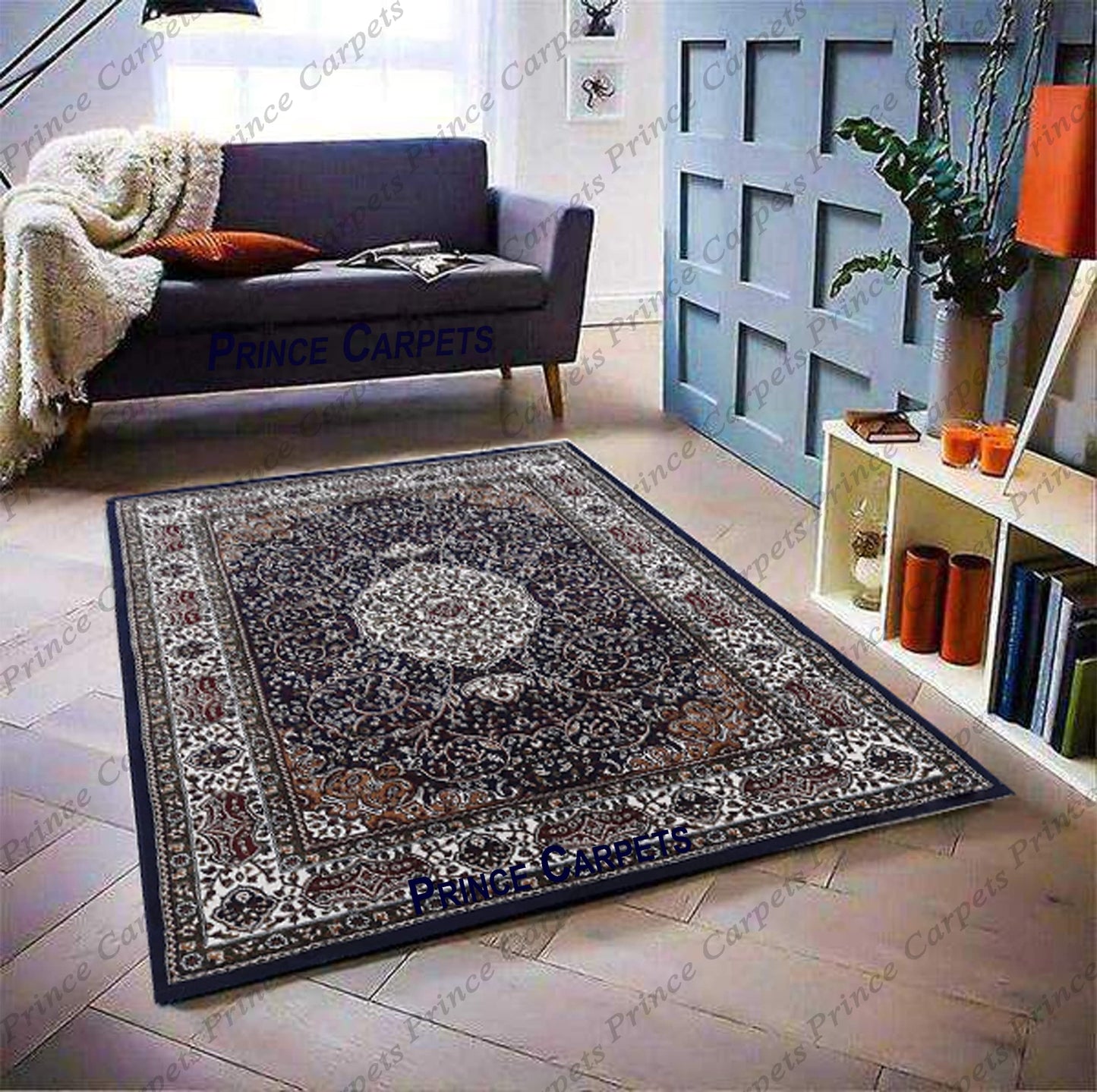 Prince Carpets Kashmiri Silk Touch Persian Carpets for Living Room1 inch Thickness Anti Skid Washable Carpet Blue Color 8 x 11 feet