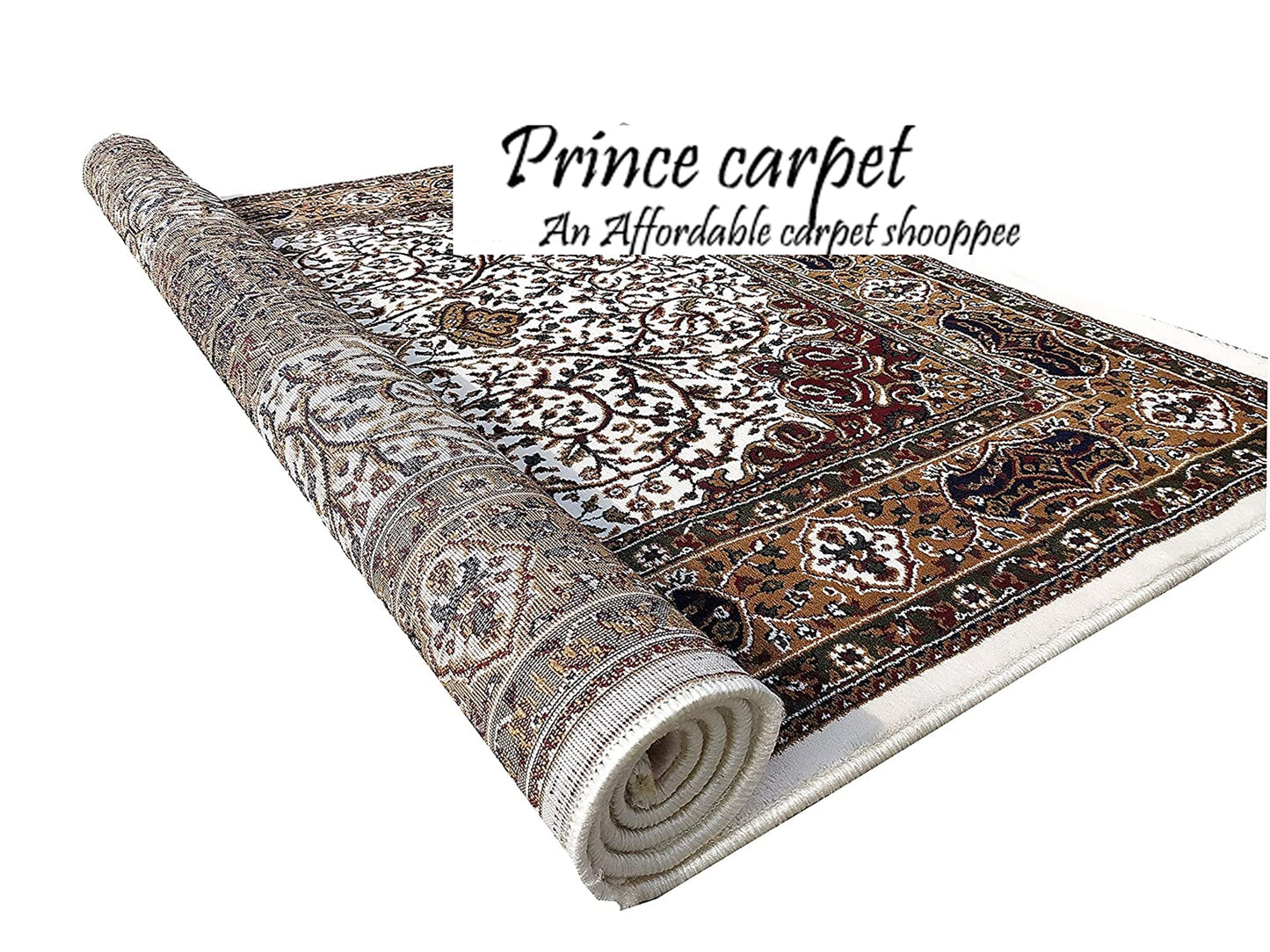 Prince Carpets Kashmiri Supersoft Wool Blend Persian Carpet for Living Room1 inch Thickness Anti Skid Washable Carpet White Color 8 x 11 feet