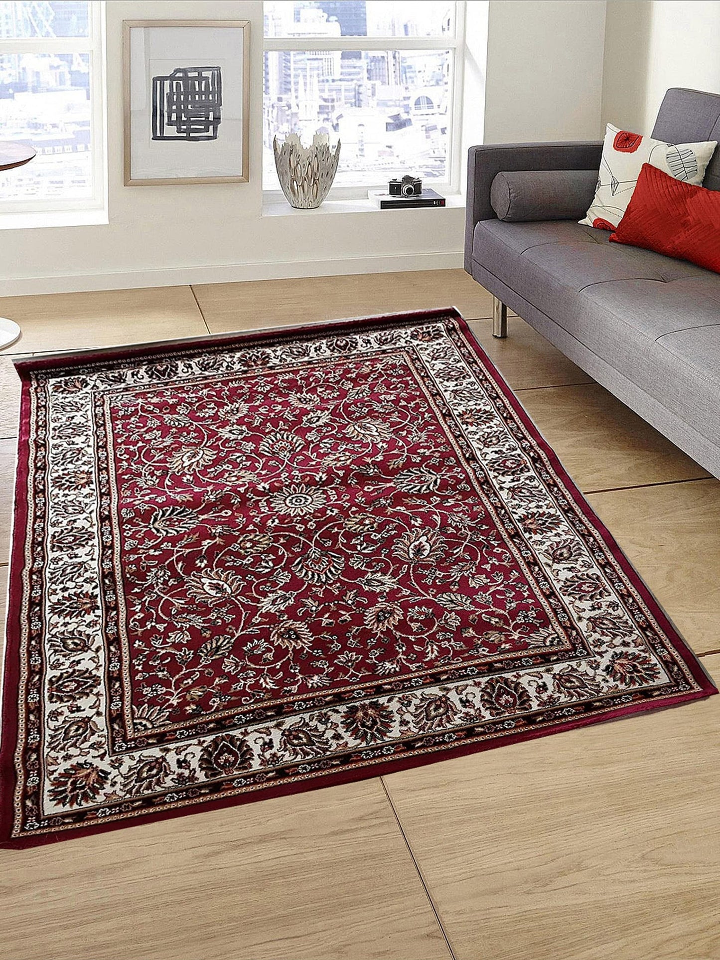 Prince Carpets Kashmiri Supersoft Wool Blend Persian Design Carpet for Living Room Bedroom Drawing Room Hall Anti Slip Backing Thick Washable Carpet Maroon Color 6 x 9 feet