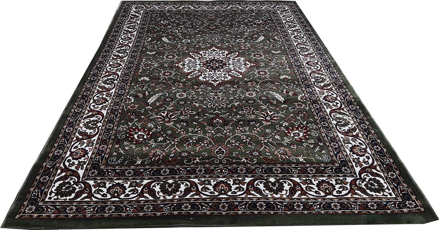 Prince Carpets Kashmiri Supersoft Wool Blend Persian Carpet for Living Room Bedroom Dining Room Hall with 15mm Thickness Non Slip Washable Carpet Green Color 6 x 9 feet