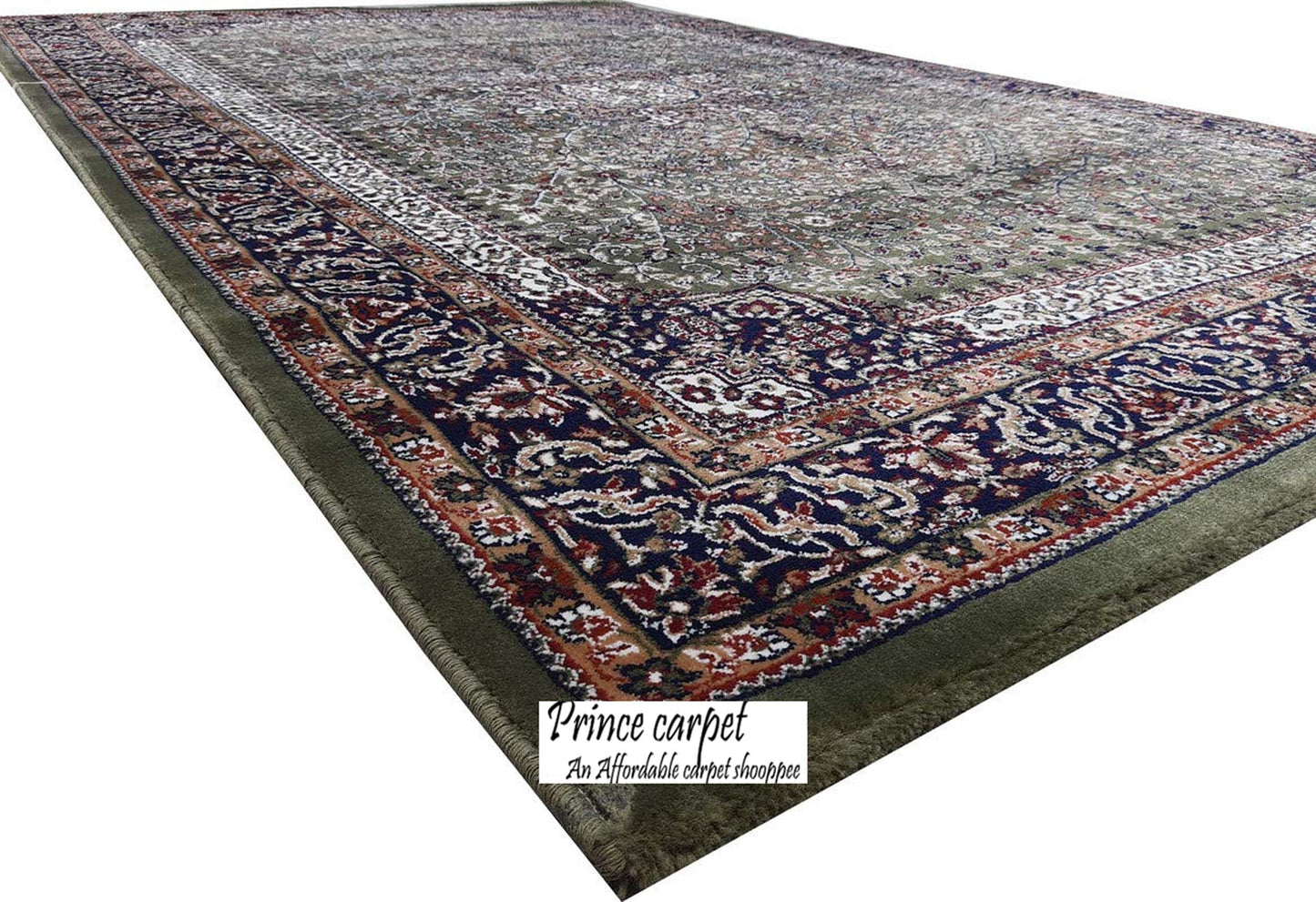 Prince Carpets Kashmiri Supersoft Wool Blend Persian Carpet for Living Room Bedroom Dining Room Hall with 15mm Thickness Non Slip Washable Carpet Green Color 9 x 12 feet