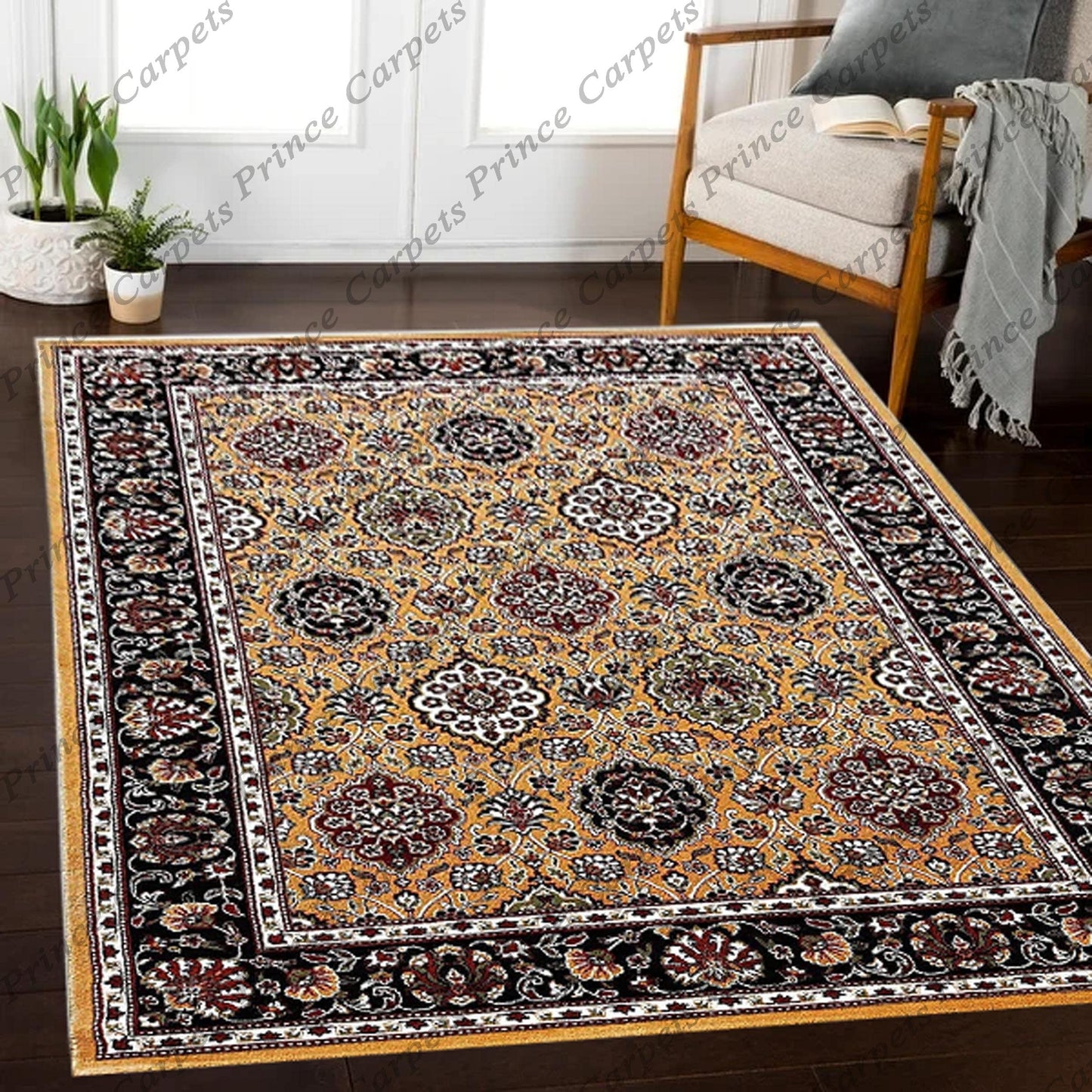 Prince Carpets Kashmiri Supersoft Wool Blend Persian Carpet for Living Room Bedroom Dining Room Hall with 15mm Thickness Non Slip Washable Carpet Gold Color 6 x 9 feet