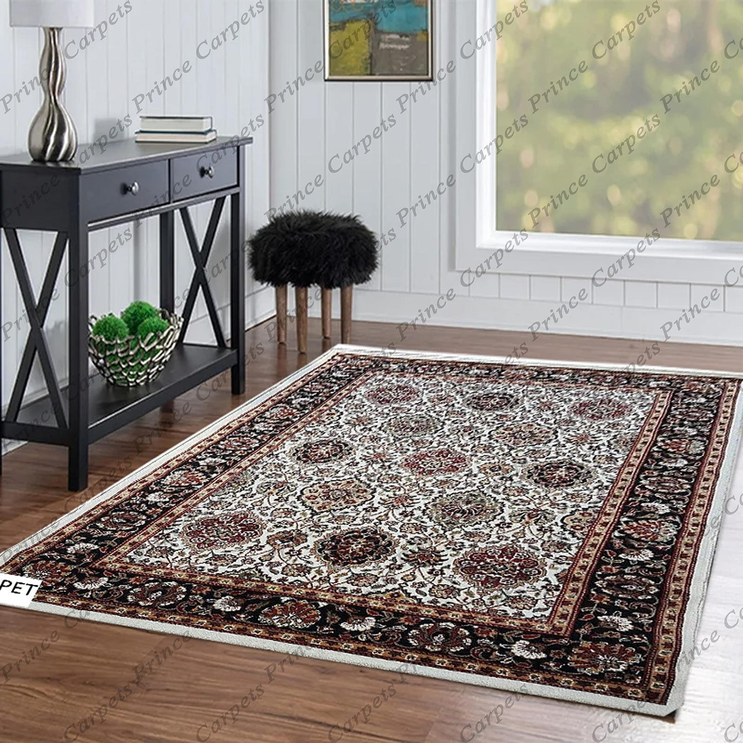 Prince Carpets Kashmiri Supersoft Wool Blend Persian Carpet for Living Room Bedroom Dining Room Hall with 15mm Thickness Non Slip Washable Carpet White Color 9 x 12 feet