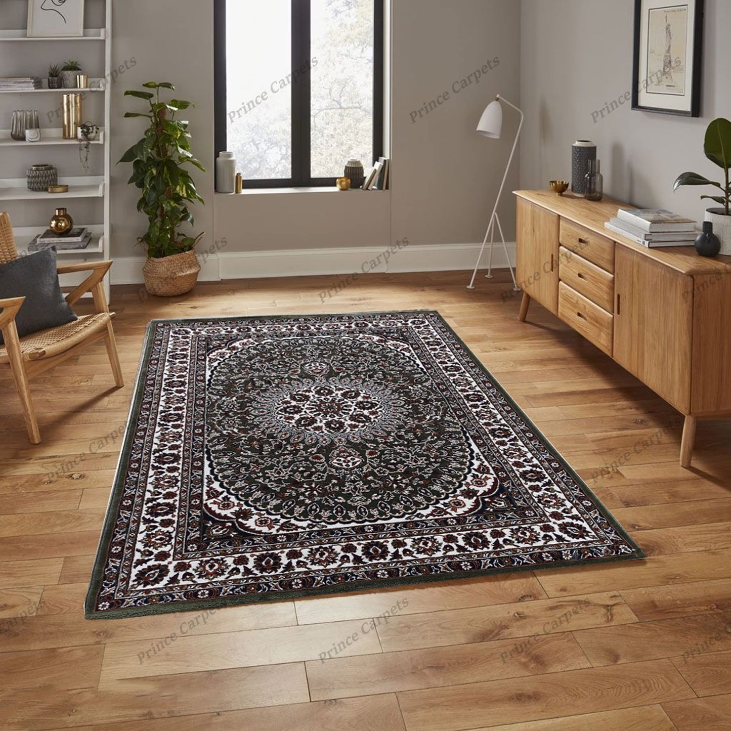 Prince Carpets Kashmiri Supersoft Wool Blend Persian Carpet for Living Room Bedroom Dining Room Hall with 15mm Thickness Non Slip Washable Carpet Green Color 6 x 9 feet