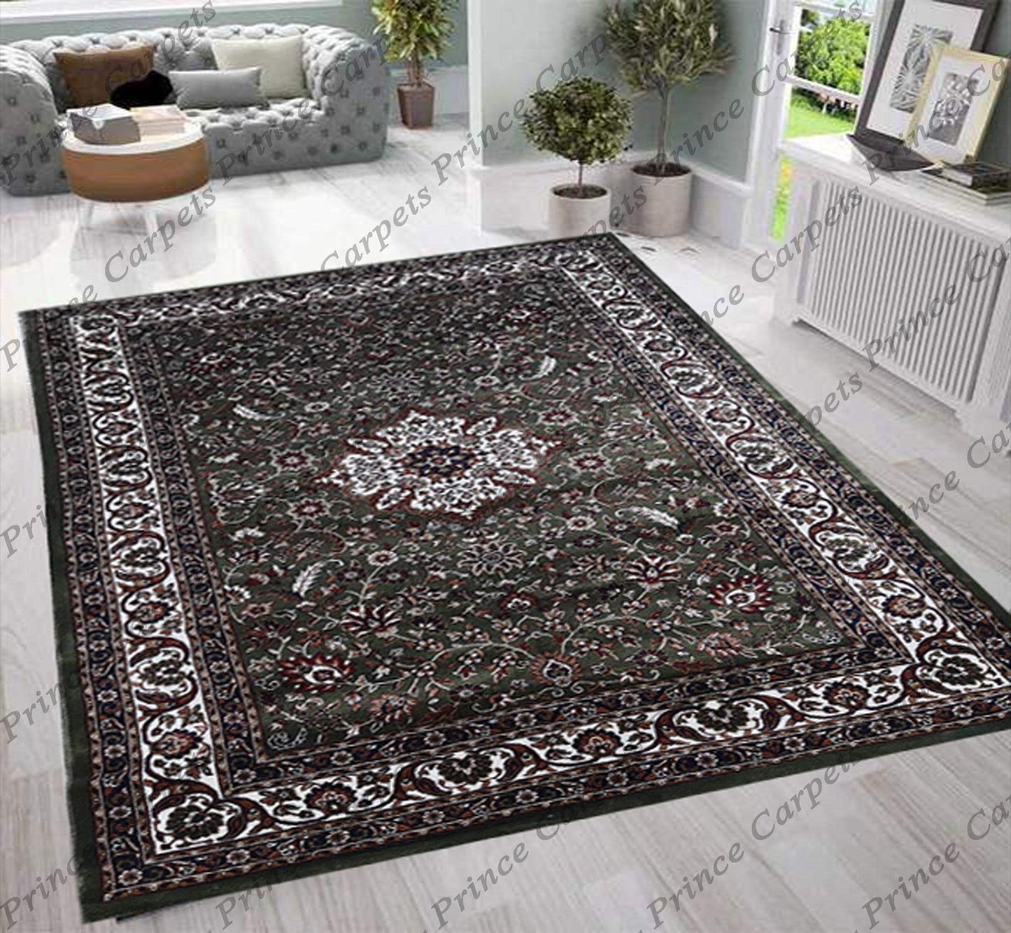 Prince Carpets Kashmiri Supersoft Wool Blend Persian Carpet for Living Room Bedroom Dining Room Hall with 15mm Thickness Non Slip Washable Carpet Green Color 6 x 9 feet