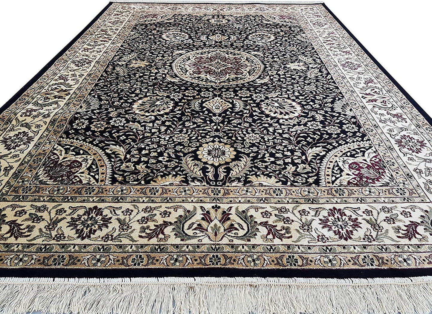 Prince Carpets Supersoft Kashmiri Silk Luxury Persian Design Anti Skid Backing Washable Carpets for Living Room Bedroom Drawing Room Hall Home Black Color 8 x 11 feet