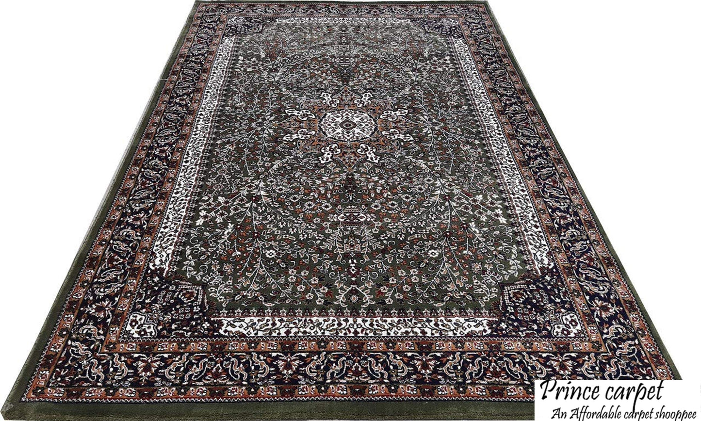 Prince Carpets Kashmiri Supersoft Wool Blend Persian Carpet for Living Room Bedroom Dining Room Hall with 15mm Thickness Non Slip Washable Carpet Green Color 9 x 12 feet