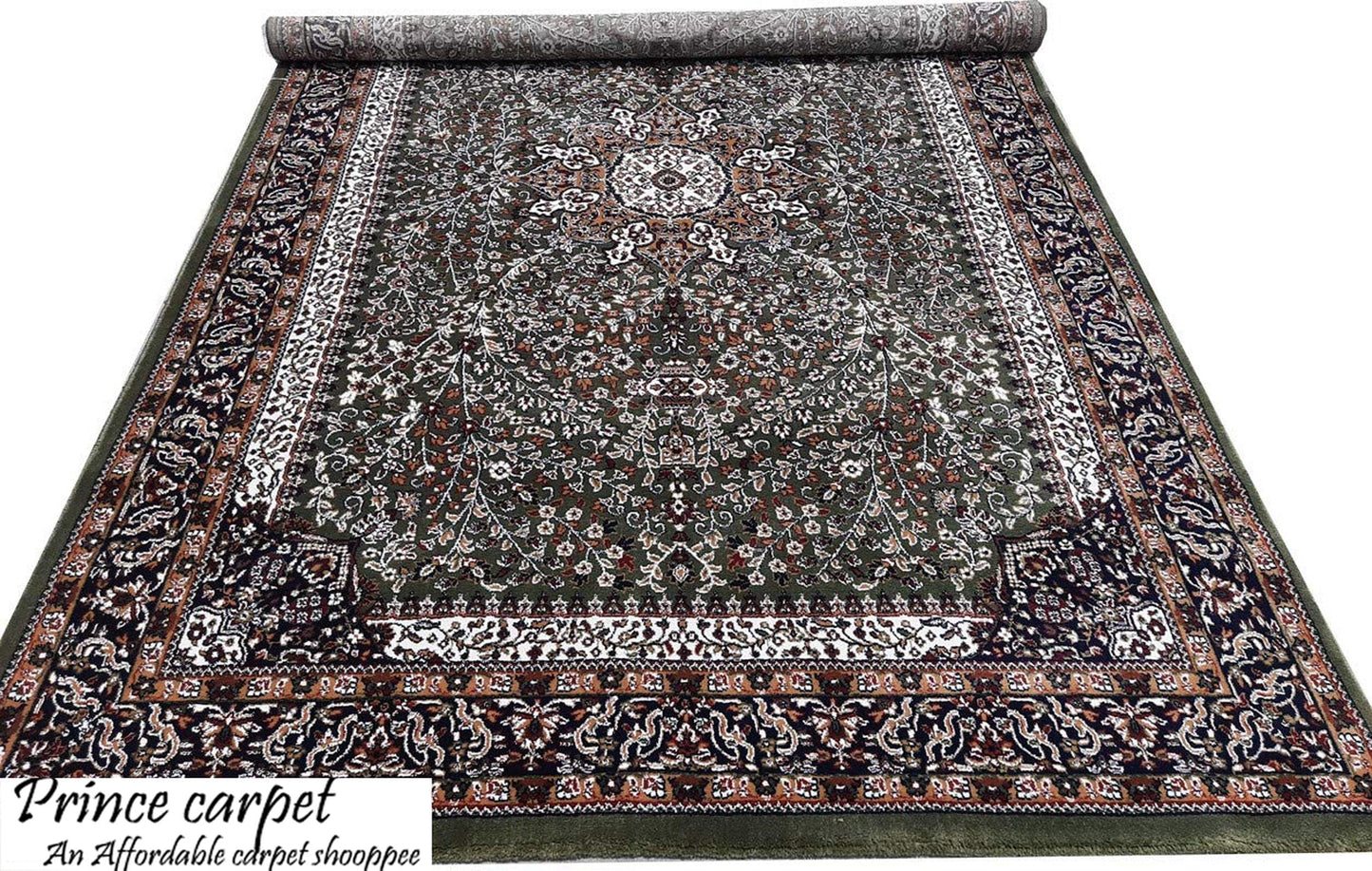Prince Carpets Kashmiri Supersoft Wool Blend Persian Carpet for Living Room Bedroom Dining Room Hall with 15mm Thickness Non Slip Washable Carpet Green Color 9 x 12 feet