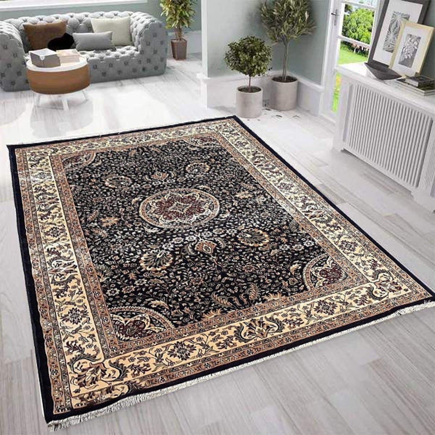 Prince Carpets Supersoft Kashmiri Silk Luxury Persian Design Anti Skid Backing Washable Carpets for Living Room Bedroom Drawing Room Hall Home Black Color 8 x 11 feet