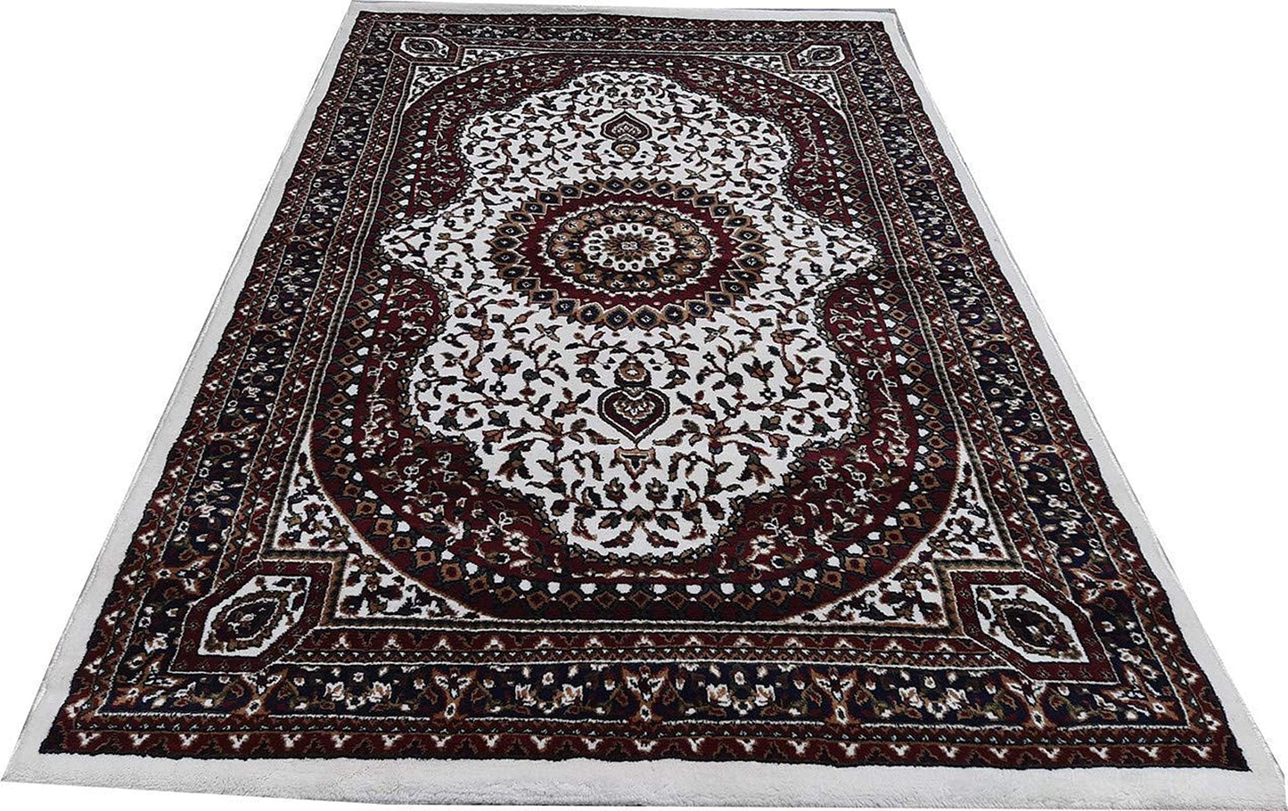 Prince Carpets Kashmiri Supersoft Wool Blend Persian Carpet for Living Room Bedroom Dining Room Hall with 15mm Thickness Non Slip Washable Carpet White Color 5 x 7 feet