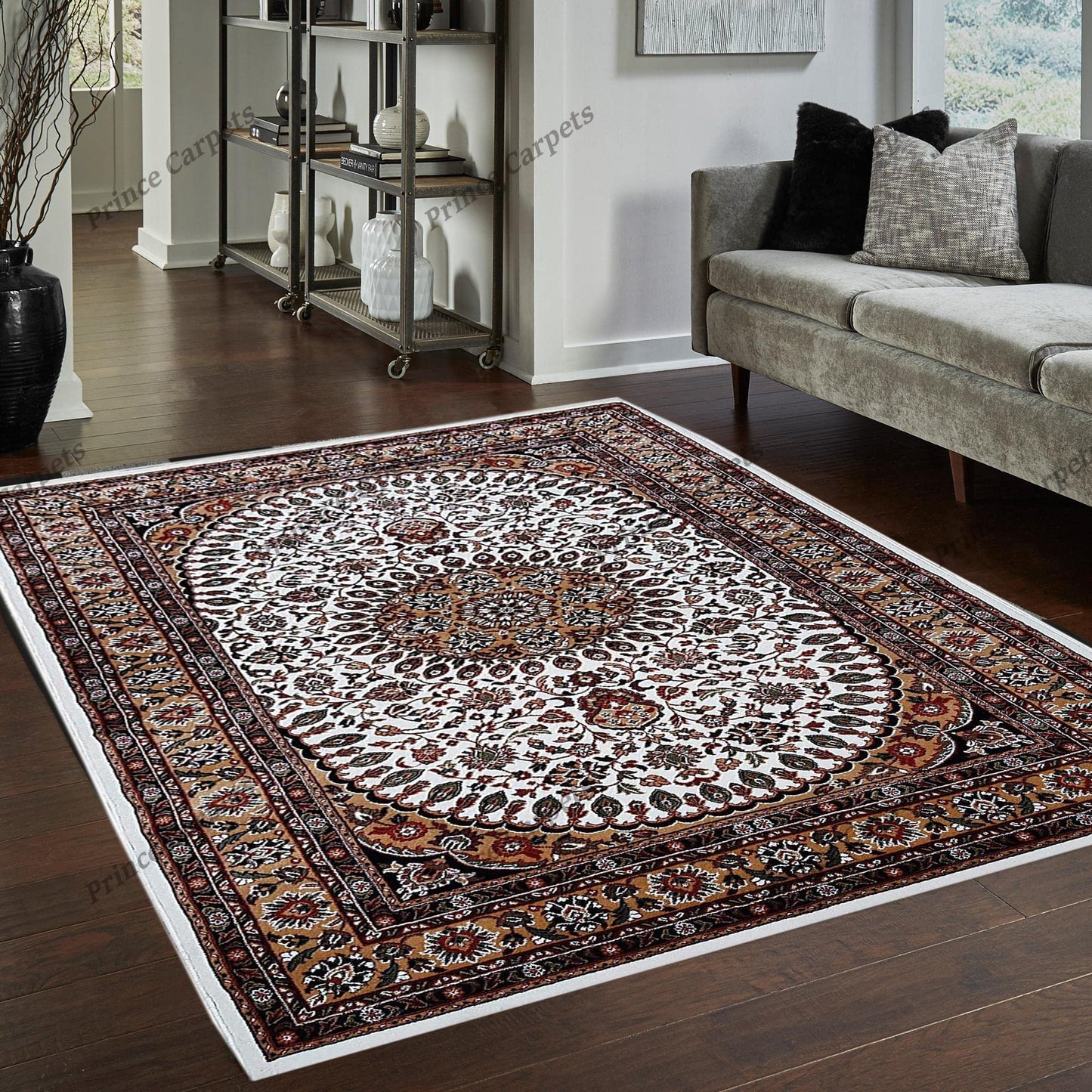 Prince Carpets Kashmiri Supersoft Wool Blend Persian Carpet for Living Room Bedroom Dining Room Hall with 15mm Thickness Non Slip Washable Carpet White Color 4 x 6 feet