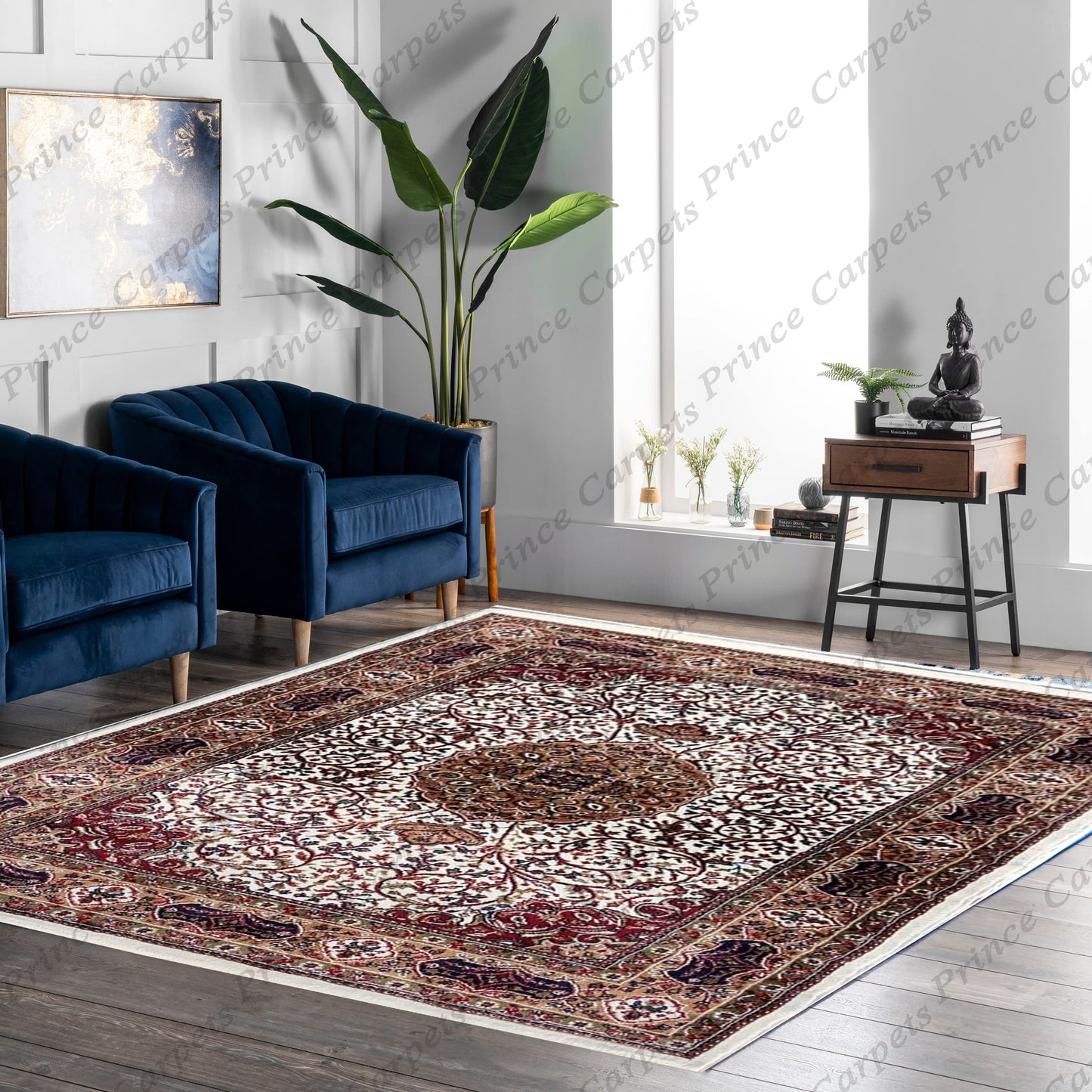 Prince Carpets Kashmiri Supersoft Wool Blend Persian Carpet for Living Room1 inch Thickness Anti Skid Washable Carpet White Color 8 x 11 feet