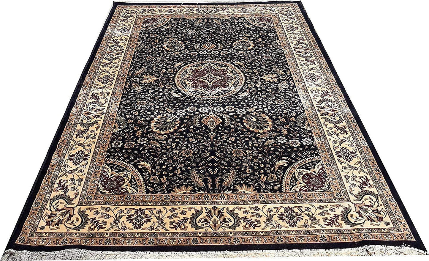 Prince Carpets Supersoft Kashmiri Silk Luxury Persian Design Anti Skid Backing Washable Carpets for Living Room Bedroom Drawing Room Hall Home Black Color 6 x 9 feet