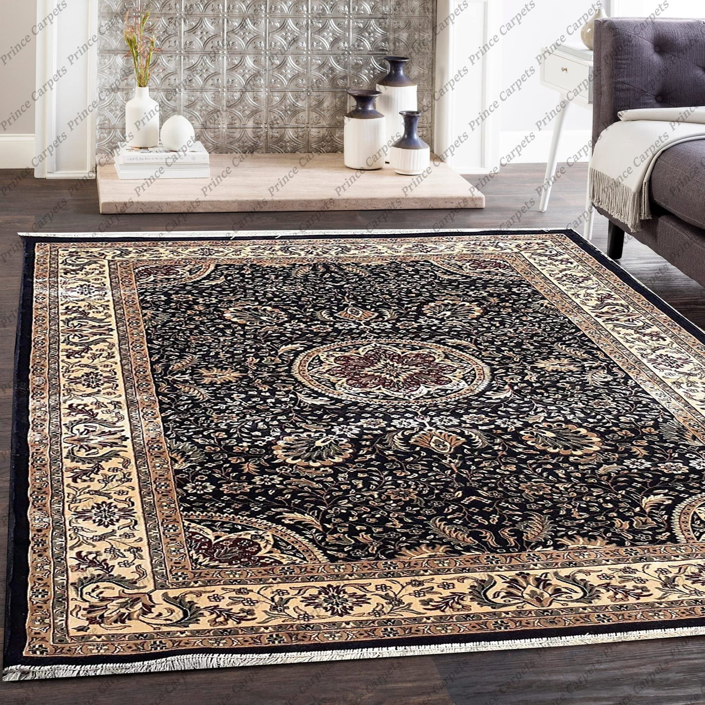 Prince Carpets Supersoft Kashmiri Silk Luxury Persian Design Anti Skid Backing Washable Carpets for Living Room Bedroom Drawing Room Hall Home Black Color 6 x 9 feet