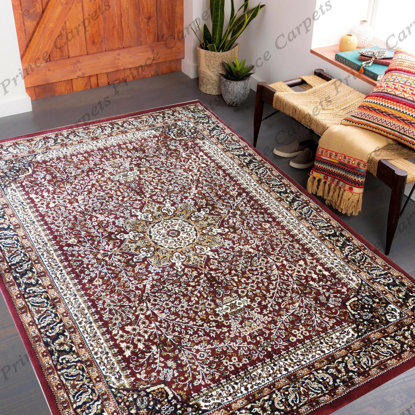 Prince Carpets Kashmiri Supersoft Wool Blend Persian Carpet for Living Room Bedroom Dining Room Hall with 15mm Thickness Non Slip Washable Carpet Maroon Color 4 x 6 feet