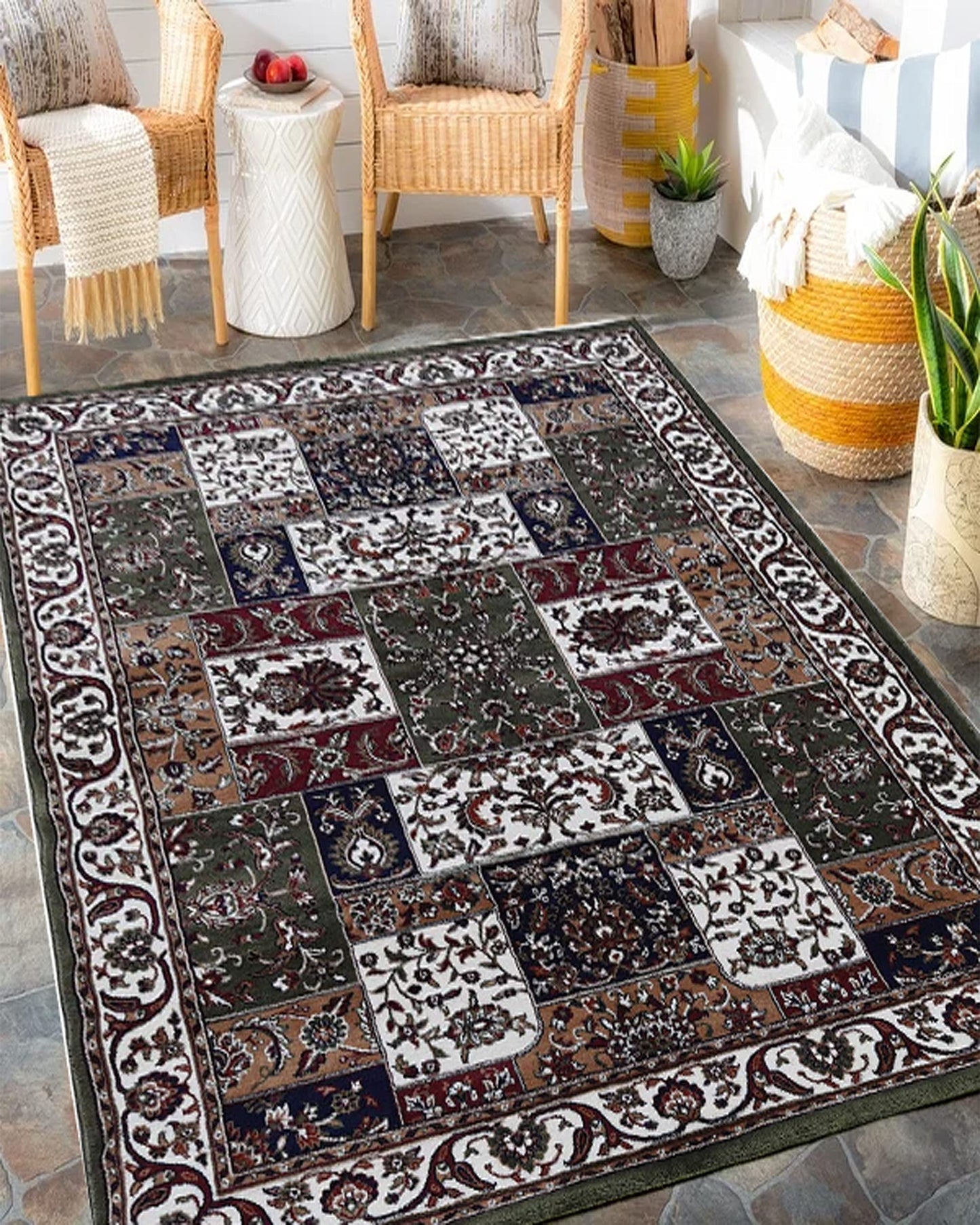 Prince Carpets Kashmiri Silk Touch Persian Carpet for Living Room1 inch Thickness Anti Skid Washable Carpet Green Color 8 x 11 feet