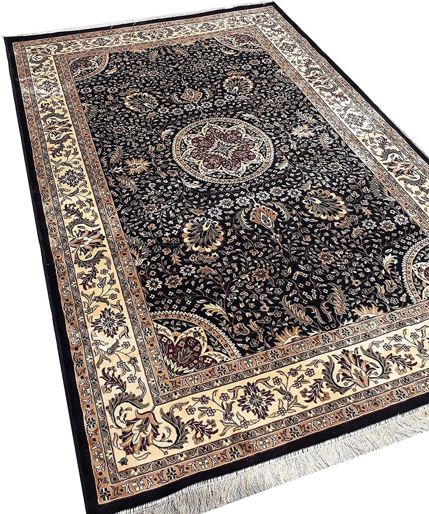 Prince Carpets Supersoft Kashmiri Silk Luxury Persian Design Anti Skid Backing Washable Carpets for Living Room Bedroom Drawing Room Hall Home Black Color 6 x 9 feet