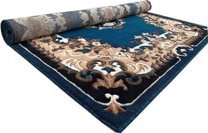 Prince Carpets Embossed Carved Supersoft Wool Blend Modern Design Carpets for Living Room Home Bedroom Drawing Room Hall with 1 inch Thickness Greenish Blue Color 5 x 7 feet