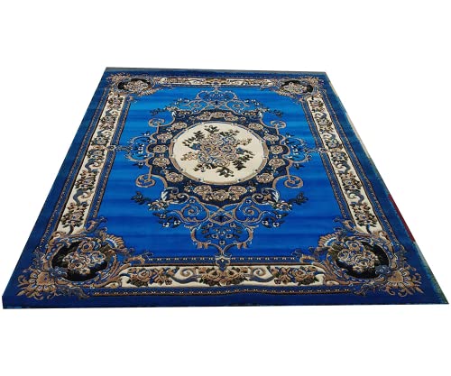 Prince Carpets Embossed Carved Supersoft Wool Blend Modern Design Carpets for Living Room Home Bedroom Drawing Room Hall with 1 inch Thickness Blue Color 6 x 8 feet