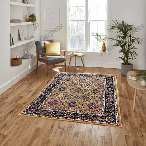 Prince Carpets Kashmiri Supersoft Wool Blend Persian Carpet for Living Room Bedroom Dining Room Hall with 15mm Thickness Non Slip Washable Carpet Gold Color 9 x 12 feet