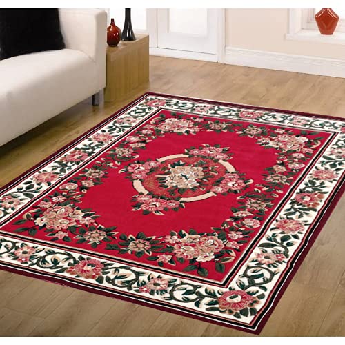 Prince Carpets Embossed Carved Supersoft Wool Blend Modern Design Carpets for Living Room Home Bedroom Drawing Room Hall with 1 inch Thickness Red Color 6 x 8 feet