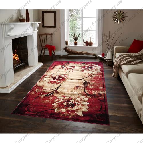 Prince Carpets Embossed Carved Supersoft Wool Blend Modern Design Carpets for Living Room Home Bedroom Drawing Room Hall with 1 inch Thickness Red Color 5 x 7 feet