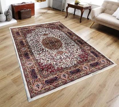 Prince Carpets Kashmiri Supersoft Wool Blend Persian Carpet for Living Room Bedroom Dining Room Hall with 15mm Thickness Non Slip Washable Carpet White Color 9 x 12 feet