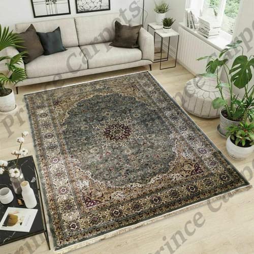 Prince Carpets Supersoft Kashmiri Silk Luxury Persian Design Anti Skid Backing Washable Carpets for Living Room Bedroom Drawing Room Hall Home Green Color 5 x7 feet