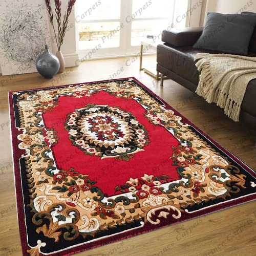 Prince Carpets Embossed Carved Supersoft Wool Blend Modern Design Carpets for Living Room Home Bedroom Drawing Room Hall with 1 inch Thickness Red Color 4 x 5 feet