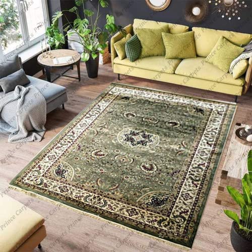 Prince Carpets Supersoft Kashmiri Silk Luxury Persian Design Anti Skid Backing Washable Carpets for Living Room Bedroom Drawing Room Hall Home Green Color 8 x 11 feet
