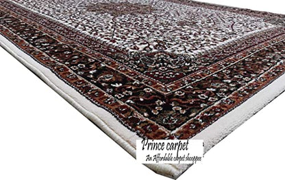 Prince Carpets Kashmiri Supersoft Wool Blend Persian Carpet for Living Room Bedroom Dining Room Hall with 15mm Thickness Non Slip Washable Carpet White Color 9 x 12 feet