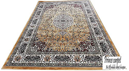 Prince Carpets Kashmiri Supersoft Wool Blend Persian Carpet for Living Room Bedroom Dining Room Hall with 15mm Thickness Non Slip Washable Carpet Gold Color 9 x 12 feet