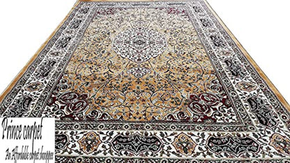 Prince Carpets Kashmiri Supersoft Wool Blend Persian Carpet for Living Room Bedroom Dining Room Hall with 15mm Thickness Non Slip Washable Carpet Gold Color 9 x 12 feet