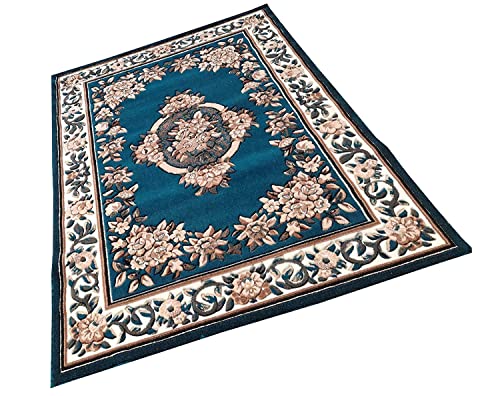 Prince Carpets Embossed Carved Supersoft Wool Blend Modern Design Carpets for Living Room Home Bedroom Drawing Room Hall with 1 inch Thickness Blue Color 5x7 feet